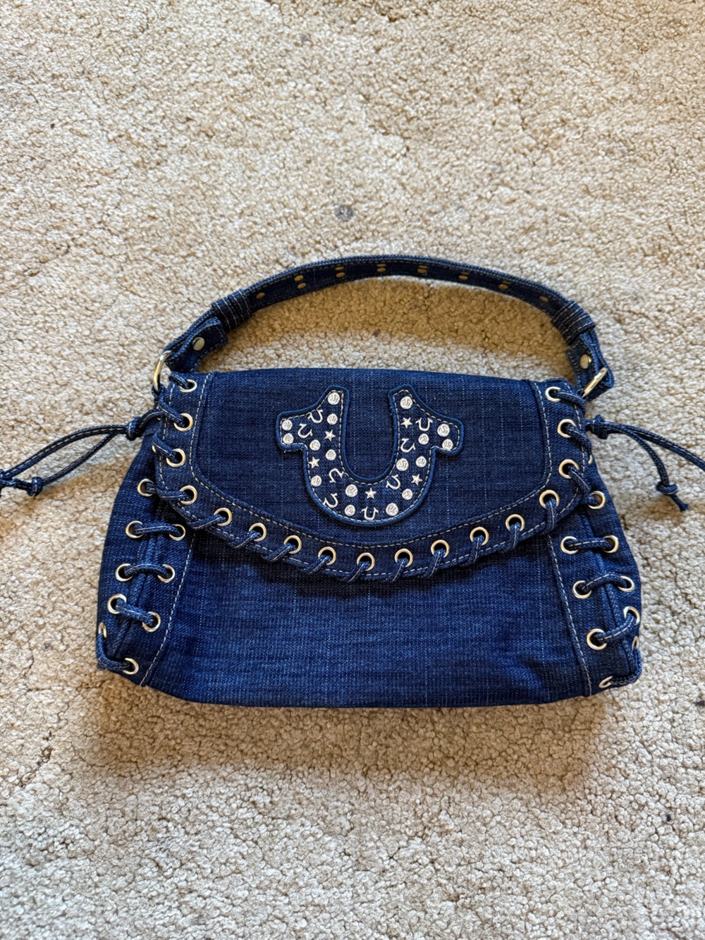 True Religion Denim Shoulder Bag with Embellished Logo - Dark Blue
